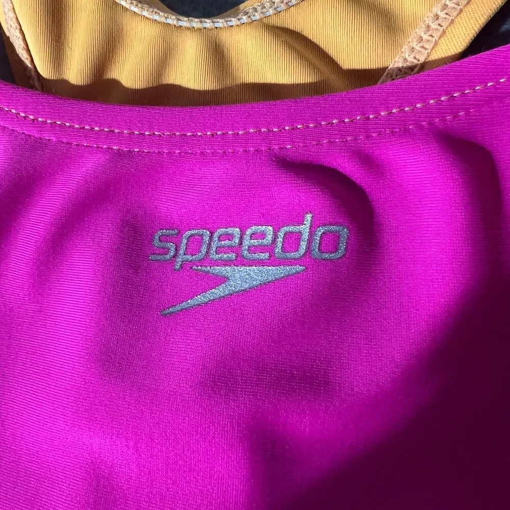 Speedo Girls Size 14 Pink Orange White Colorblock Racerback One Piece Swimsuit